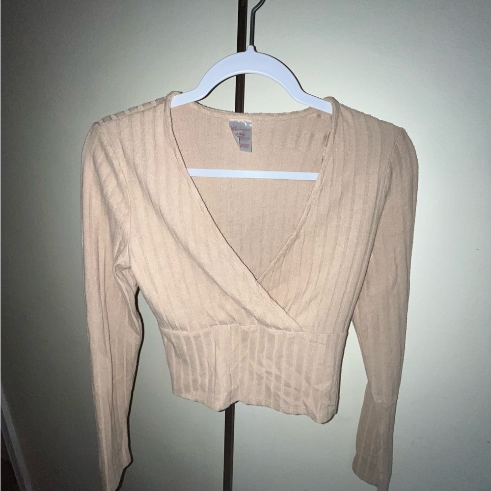 No Boundaries Cream Ribbed Wrap Cropped Blouse
